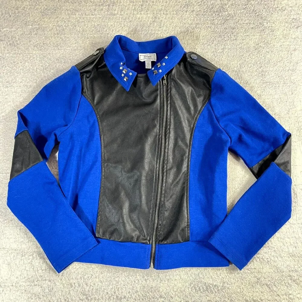 Disney Signed Special Edition Girls Blue Moto Jacket Size S‎ 7/8 Studded Collar